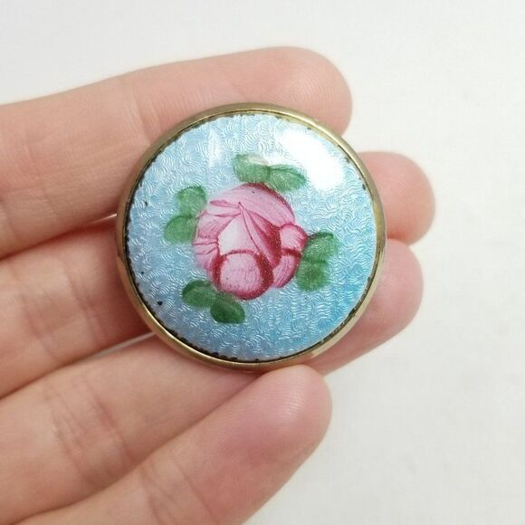 Vintage Pink Enamel Flower Blue Background Round Brooch, Pastel Lapel Pin - Picture 5 of 6